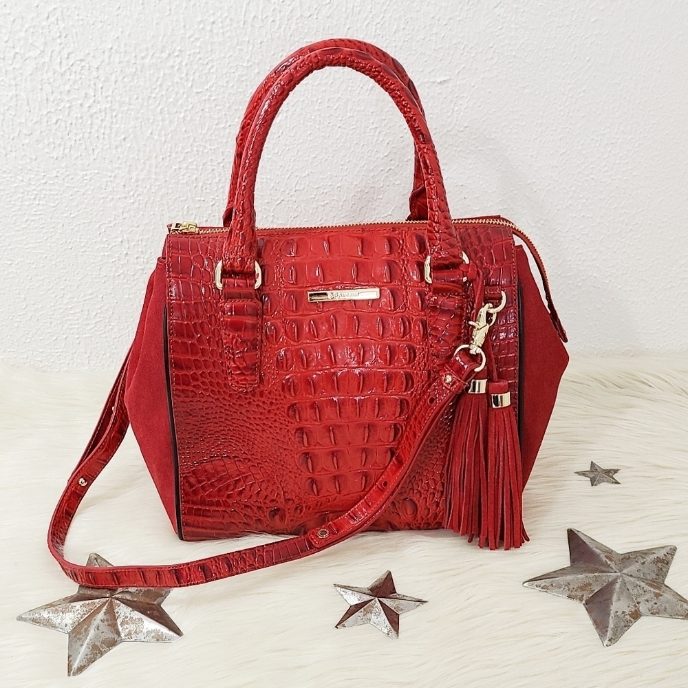 Brahmin Small Joan satchel bag Scarlet Lausanne red suede croc EUC